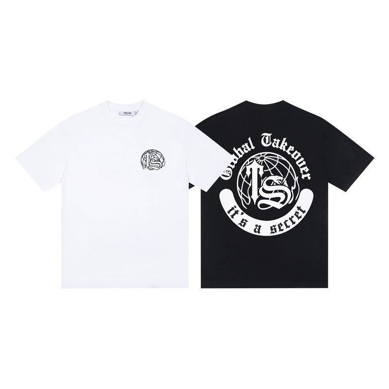 ผู้ชายผู้หญิงสไตล์เดียวกัน Breathable trapstar ผ้าฝ้ายแท้รอบพิมพ์ตัวอักษรเสื้อยืดแขนสั้นลําลอง