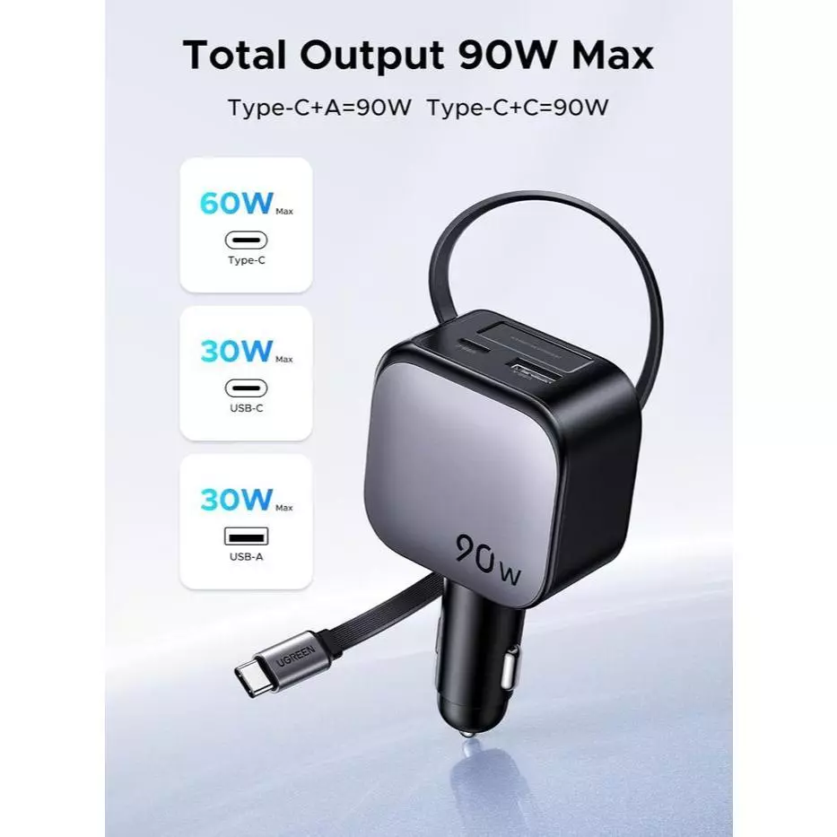 UGREEN Car Charger Type C Retractable Fast Charging 60w 75w 90w thumbnail 3