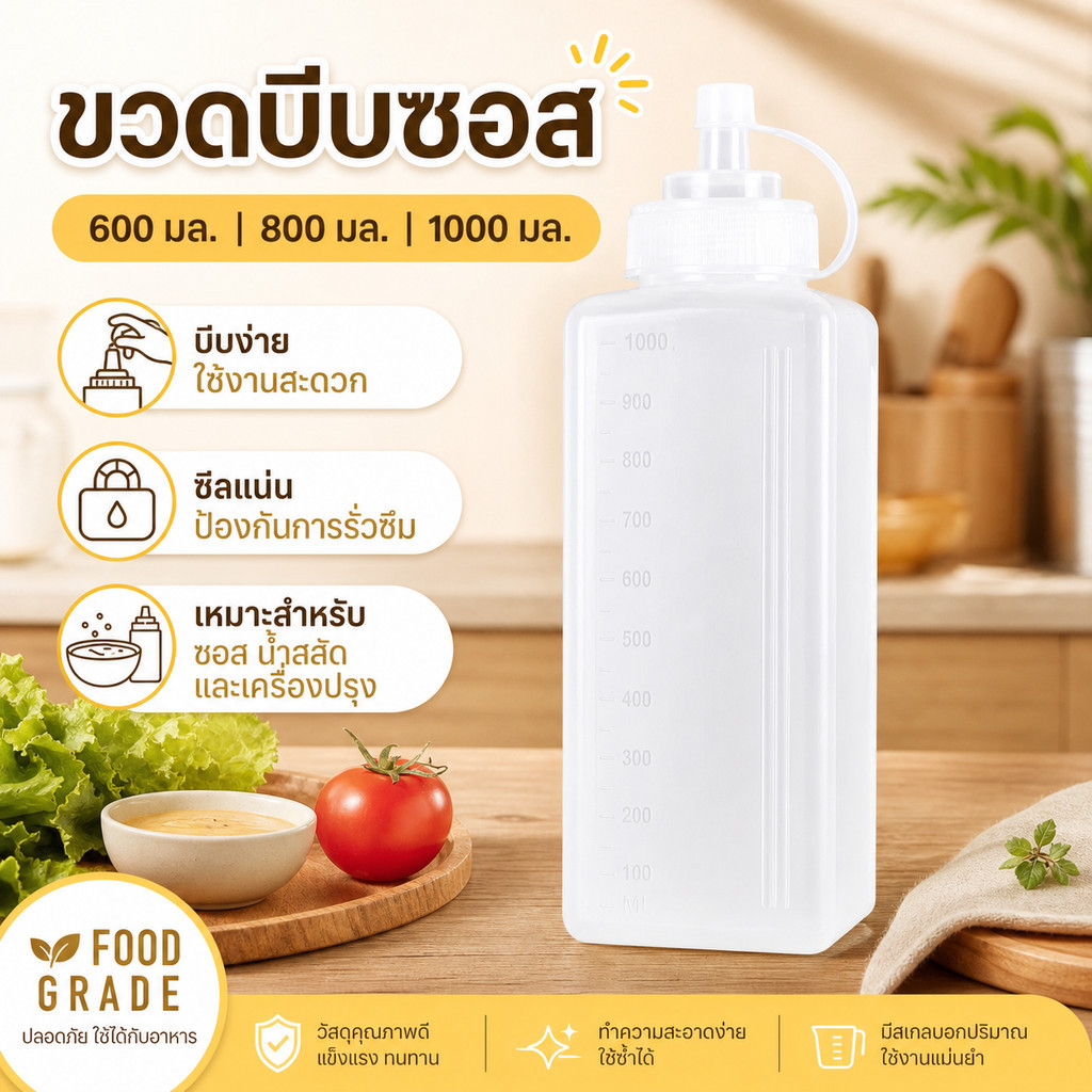 CBEER ขวดบีบซอสอเนกประสงค์ 3 ขนาด 600-1000ml เกรดอาหาร มีสเกลและฝาปิดสนิท กันรั่ว 100%