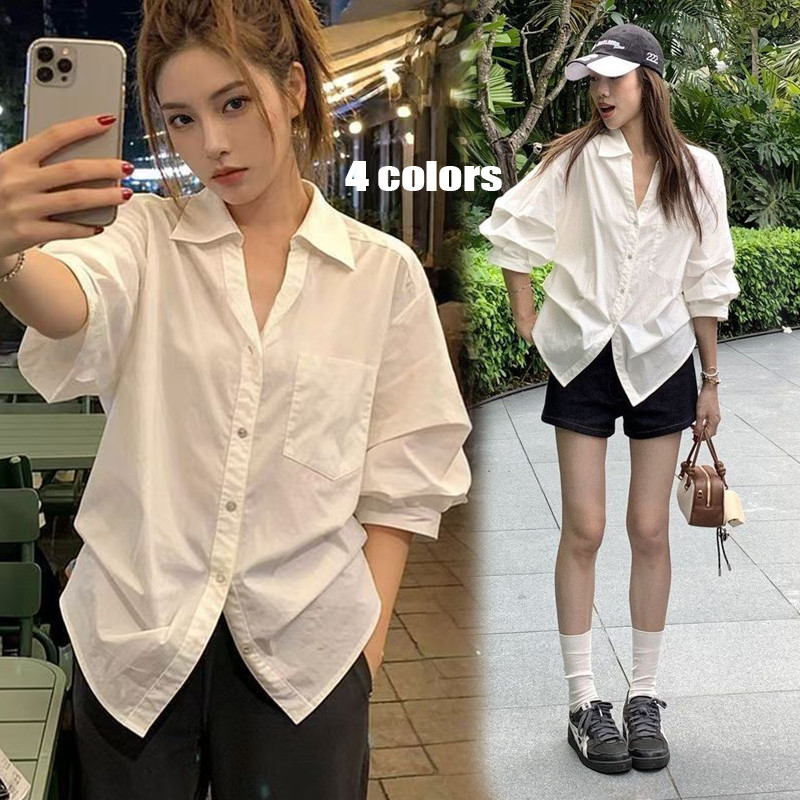 Cuties  99470 เสื้อเชิ้ตผู้หญิง เสื้อคลุมแขนยาว แต่งกระเป๋าหน้า สีพื้น ผ้าดี ทรงหลวม แบบเรียบๆ