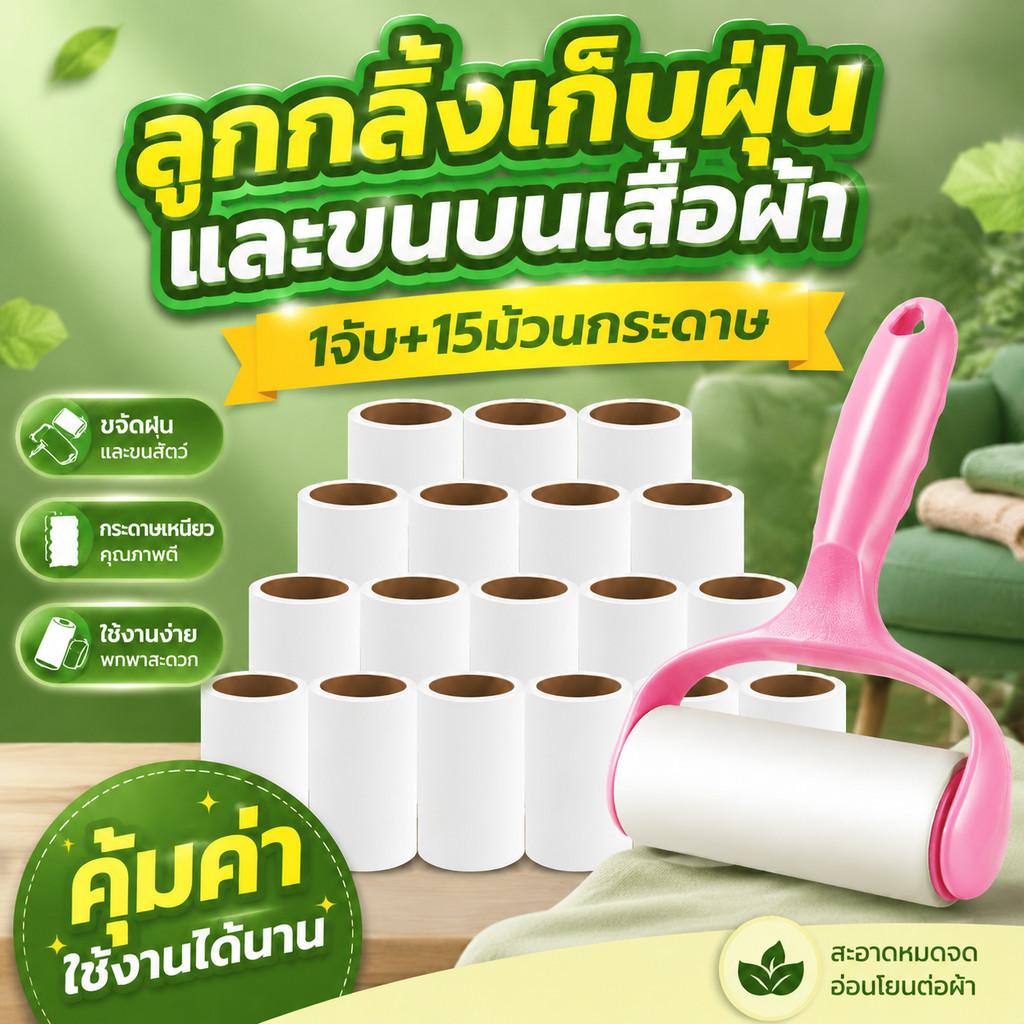 1จับ+15ม้วนกระดาษ วนกาวลูกกลิ้งทำความสะอาด ลูกกลิ้งเก็บขน เศษฝุ่น เศษผม กระดาษม้วนผมเหนียว19/24CM ลูกกลิ้งเก็บฝุ่น
