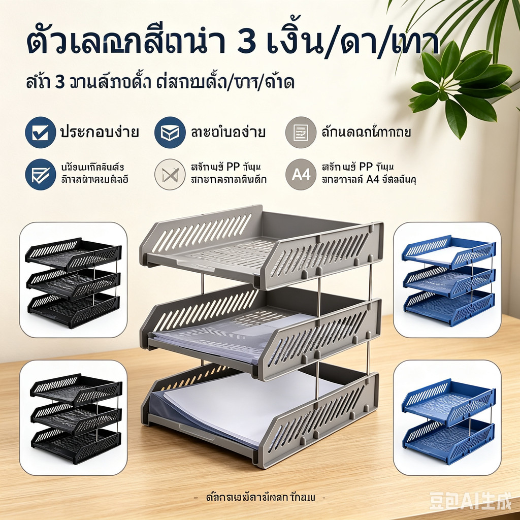 ถาดวางเอกสารพลาสติก ชั้นเอกสาร A4 (3 ชั้น) มี 4 สีให้เลือก