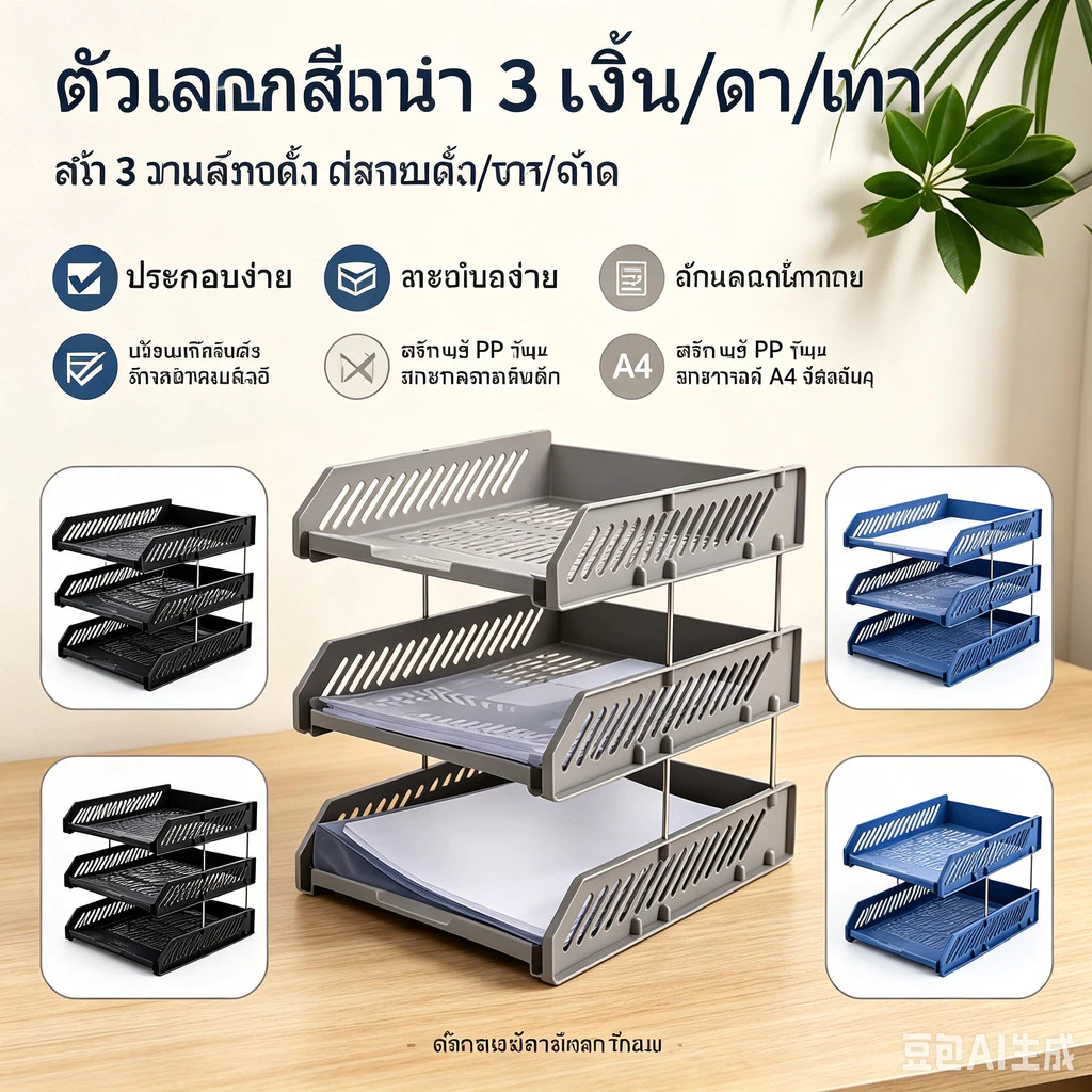 ถาดวางเอกสารพลาสติก ชั้นเอกสาร A4 (3 ชั้น) มี 4 สีให้เลือก