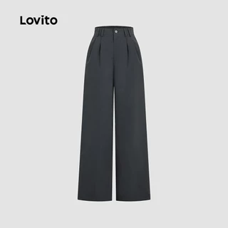 Lovito แคชชวล กางเกงลําลองผู้หญิง สีเทาเข้ม ทรงซิป กระดุม ดีไซน์คลาสสิก เหมาะสําหรับฤดูใบไม้ผลิและฤดูร้อน L34LD052
