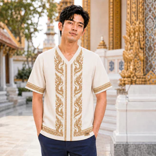 เสื้อชาติพันธุ์ไทย CNM Thai Style สำหรับชายหญิง คอวีแขนสั้น ลายพญานาคคู่สีทอง แนวไทยร่วมสมัย ผ้านุ่มเบาสบาย ใส่เที่ยววัด