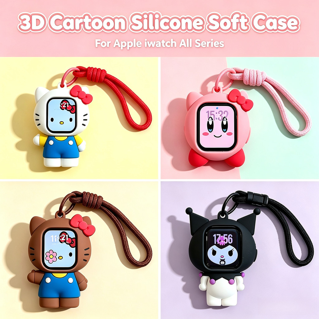 3ง น่ารักการ์ตูนซิลิโคนนุ่มสําหรับ แอปเปิล ฉันดู ชุด พิเศษ 11 10 9 ส8 7 6 5 4 กับ 3 42มม.49มม.46มม.41มม.45มม.40มม.44มม.38ไนลอนคอแขวนยาวเชือกตกแต่งอุปกรณ์เสริม