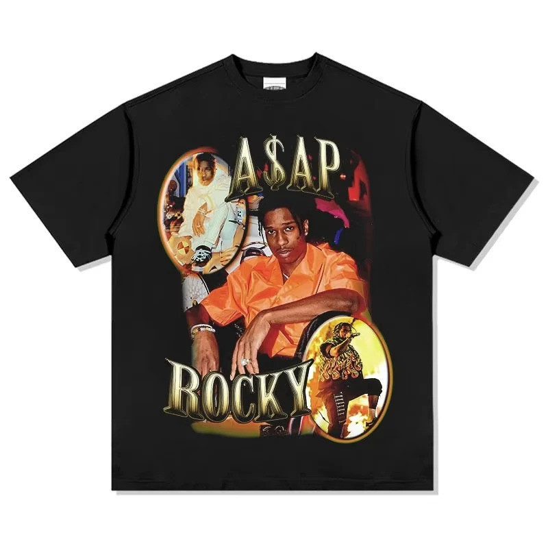 [สินค้าพร้อมส่ง] 2026 ASAP A $AP ROCKY เสื้อยืดฮิปฮอปแร็พสไตล์สตรีทสำหรับผู้ชาย คอเล็ก แขนสั้น เนื้อ