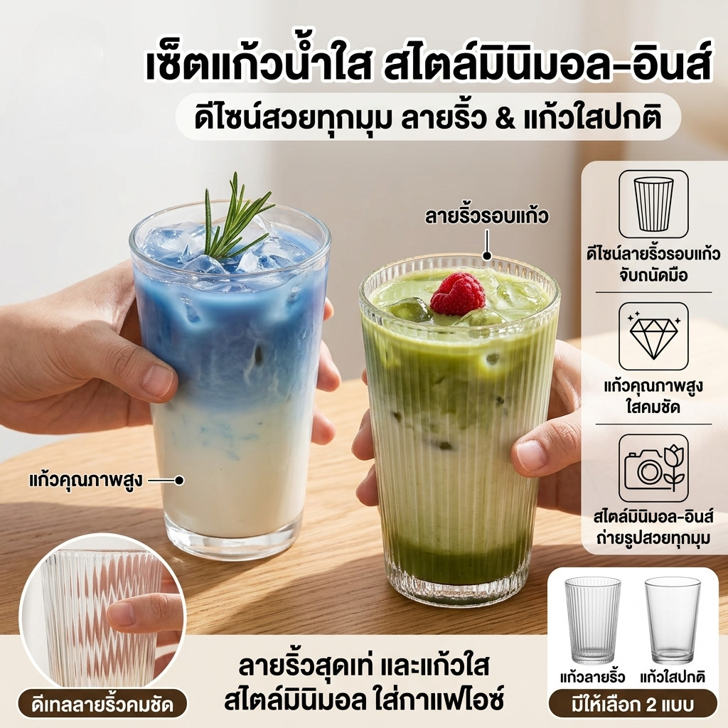 แก้วน้ำใส แก้วลายริ้ว 400ml แก้วกาแฟ แก้วลาเต้ แก้วชา แก้วน้ำผลไม้ มินิมอล ใช้ได้ทั้งร้อนและเย็น