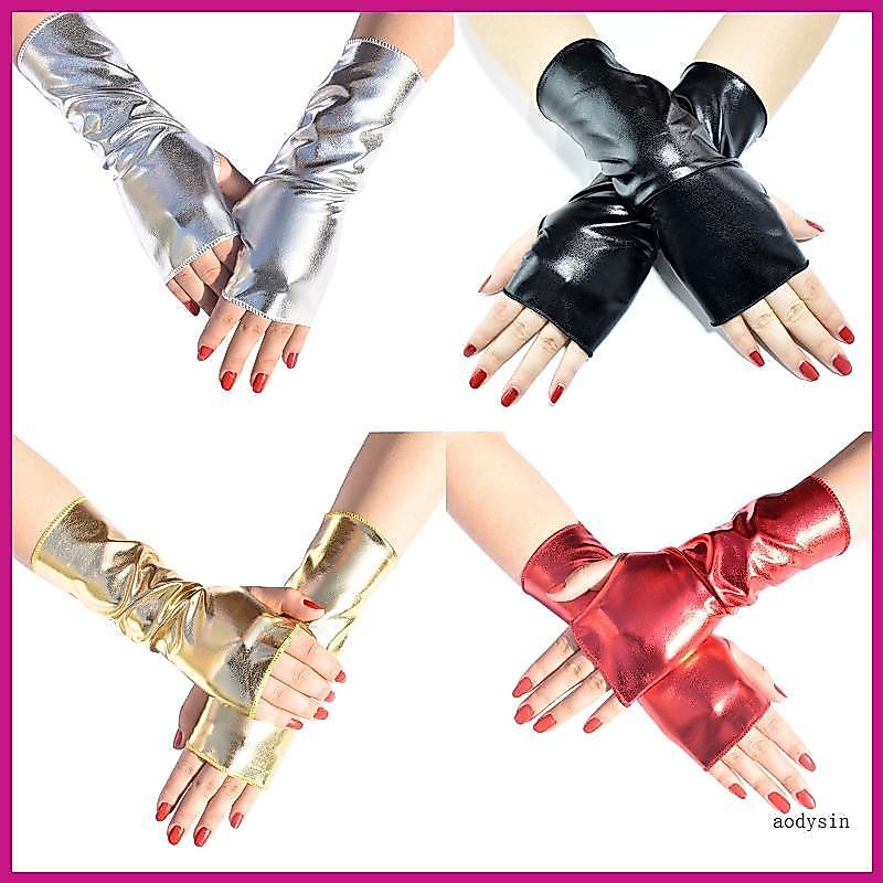 (ส่วนลดสูง)aodysin.th Gothic Fingerless Dress Up Gloves ถุงมือสั้นหนังกลอสสําหรับวันฮาโลวีน