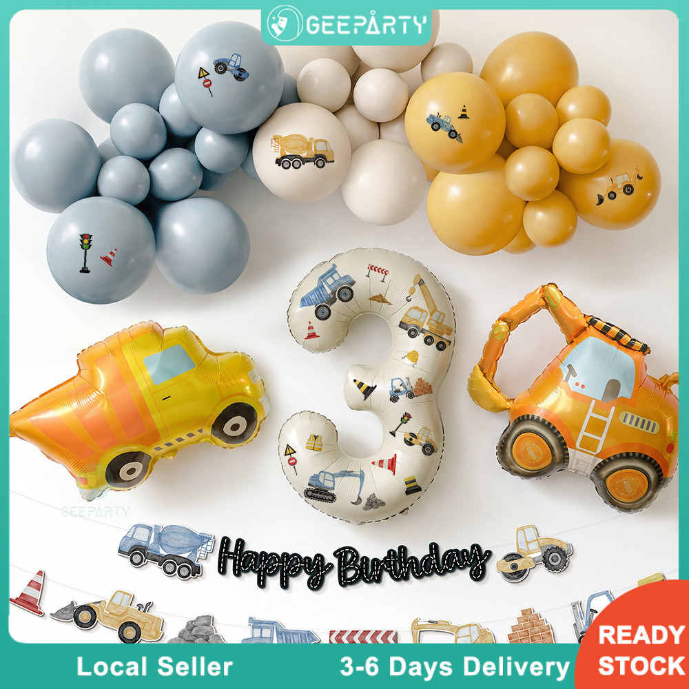 GeeParty ชุดลูกโป่งวันเกิดธีมรถก่อสร้าง 47 ชิ้น ลูกโป่งรถขุด รถตัก แบนเนอร์ Happy Birthday ลูกโป่งตัวเลขสีครีม พร้อมสติก