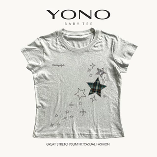 (พร้อมส่ง24ชม.) baby tee สีขาว ลายดาวผ้าตาราง ฟีล y2k มินิมอลหวานเท่ ทรงเข้ารูป ใส่ชิคทุกวัน