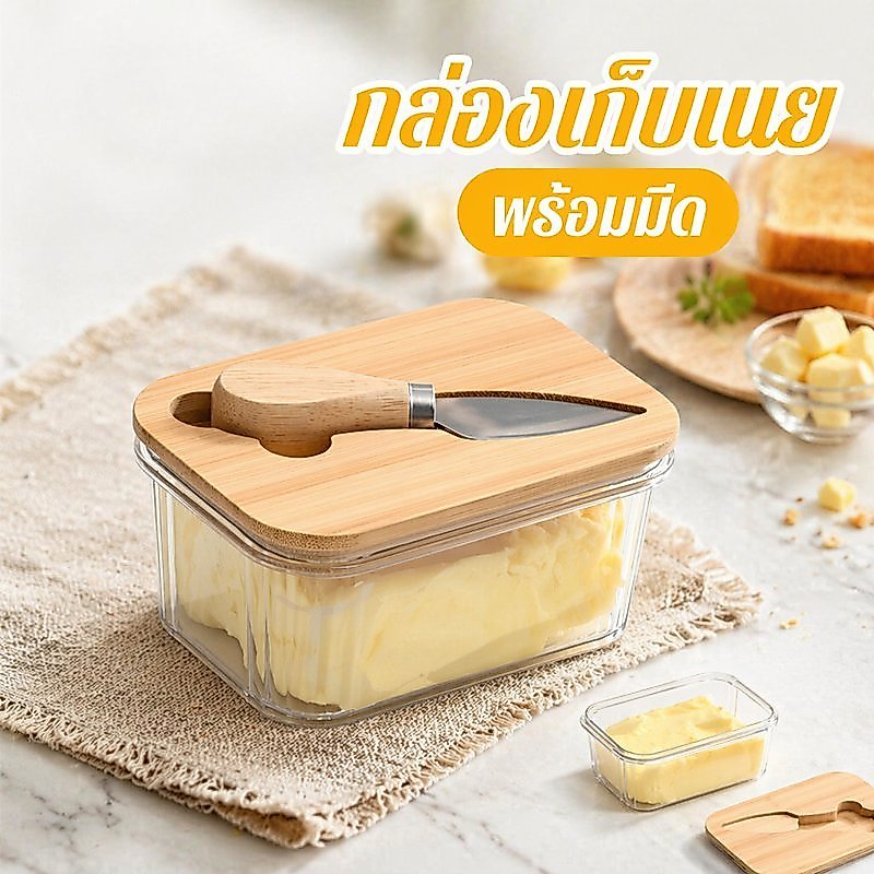 กล่องเก็บเนย ฝาไม้ไผ่ พร้อมมีดทาเนย สแตนเลส เซ็ตกล่องเนยดีไซน์ญี่ปุ่น กล่องใสพลาสติก PET ปิดแน่นกันกลิ่น