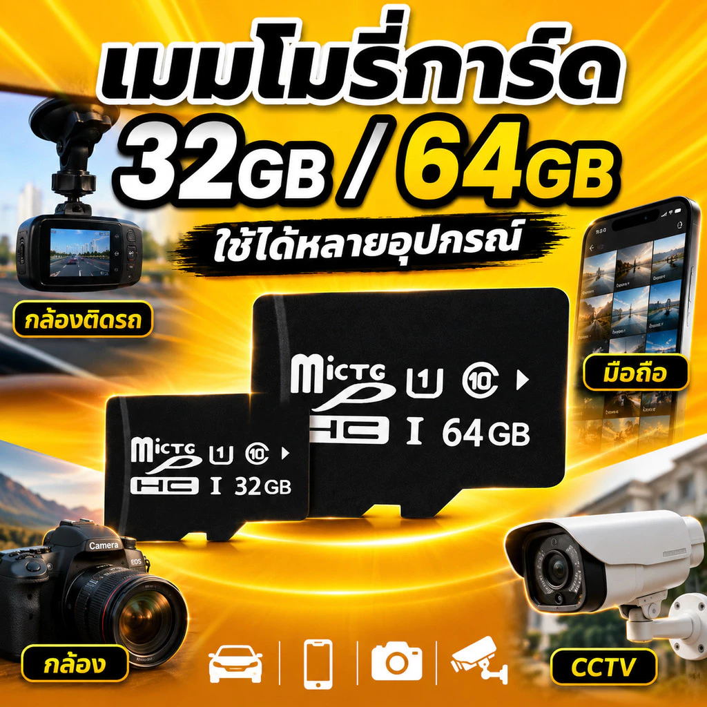 เมมโมรี่การ์ด Micro SD 32GB U1 / 64GB U3 Class 10 การ์ดหน่วยความจำสำหรับมือถือ กล้องติดรถ กล้องวงจรปิด บันทึกวิดีโอ
