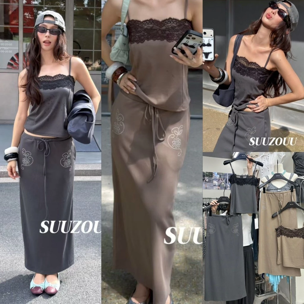 ❤ 🧵 🇰🇷 SU508 ชุดเซ็ตสายเดี่ยวลูกไม้ + กระโปรงยาว รุ่นลูกคุณ ์สายเดี่ยวแต่งลูกไม้ แฟชั่นเกาหลี TAG MM Fish 🧡