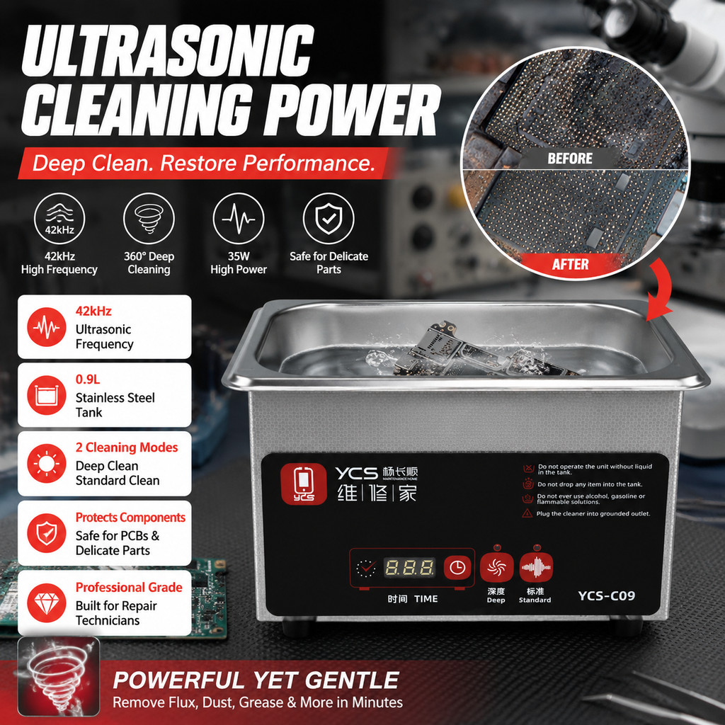 YCS C09 Professional Benchtop Ultrasonic Cleaner สําหรับโทรศัพท์มือถือคอมพิวเตอร์ซ่อมเมนบอร์ดชิป IC 
