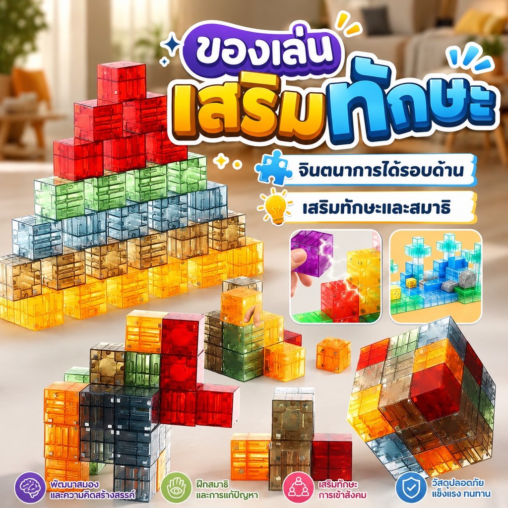 ของเล่นเสริมสร้างพัฒนาการ บล็อคตัวต่อใส ของเล่นตัวต่่อตามจินตนาการ สีสันสวยงาม บล็อคพลาสติกใส กันน้ำ พร้อมส่งจากไทย
