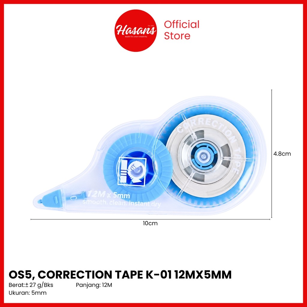 HIANS - OS5 เทปลบคําผิด K-01 12M / เทปลบคําผิด 12m x 5mm / เทปลบคําผิด 12 เมตร 1 แพ็ค / OS5, เทปลบคํ