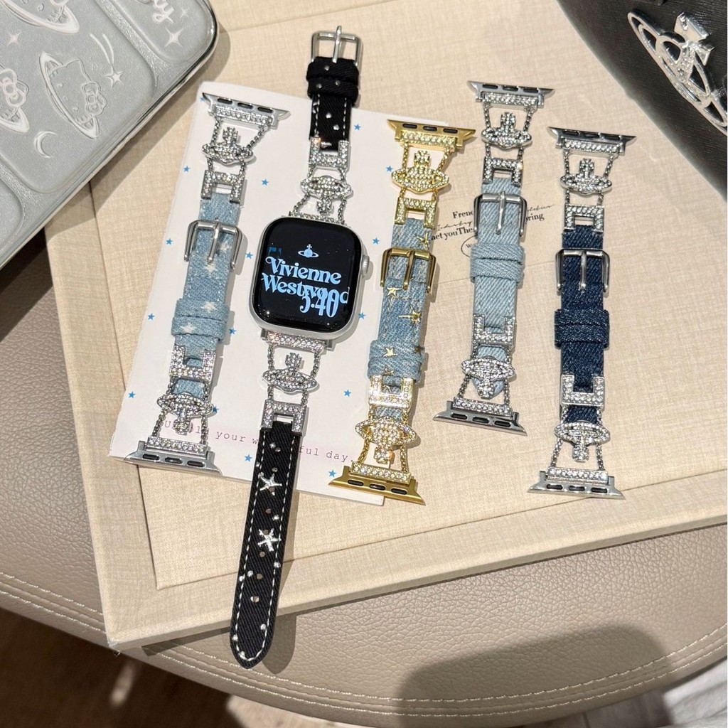 The Queen Mother West Spells Denim Strap เหมาะสําหรับ smart watch S11 10 9 8 7 ultra 6 5 4 SE 3 2 1 