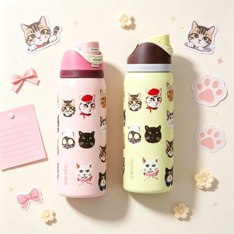 Owala FreeSip ขวดน้ําฉนวน 24oz & 32oz (แมวสีชมพู) – แก้วน้ําสุญญากาศกันรั่ว, ผนังสองชั้นแบบไร้เหงื่อ, เหมาะสําหรับกีฬา, สํานักงานและการเดินทาง