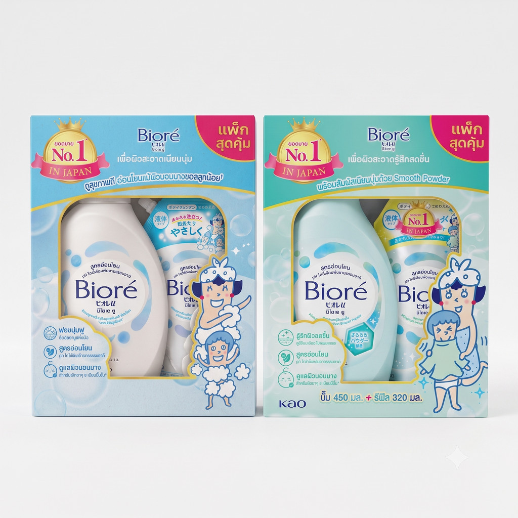 ครีมอาบน้ำ Biore U (บิโอเร ยู) สูตร Refreshing/Gentle + รีฟิล แพ็คสุดคุ้ม 450+320 มล. ผิวใส เนียนนุ่ม อ่อนโยน