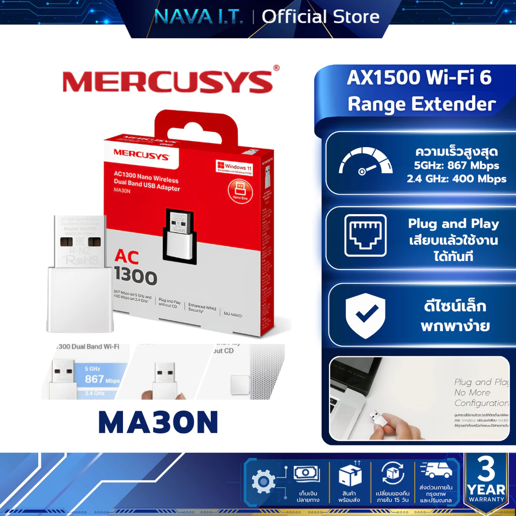 MERCUSYS MA30N AC1300 Dual Band Wi-Fi Speed ความเร็วรับส่งข้อมูลสูงถึง 867 Mbps รับประกัน 3 ปี