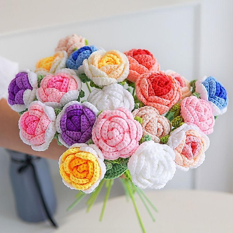 成品钩针编织玫瑰花毛线花束* 成品教师节礼物母亲节情人节手编花束Creative Weaving Handmade Knitted Yarn Bouquet Simulation Flower Tea