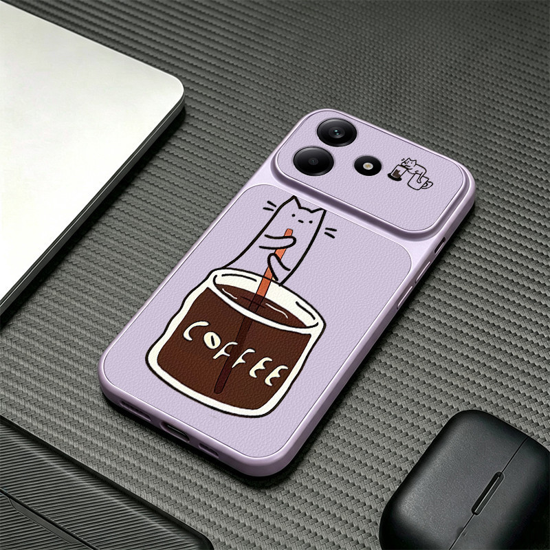 PBZZ สําหรับ REDMI NOTE 14 4G หมายเหตุ 14 PRO 5G เคสโทรศัพท์ Softcase ซิลิโคนกันกระแทกออกแบบใหม่ความงามน่ารักกาแฟแมวสําหรับสาวสีม่วง KNKFCM3