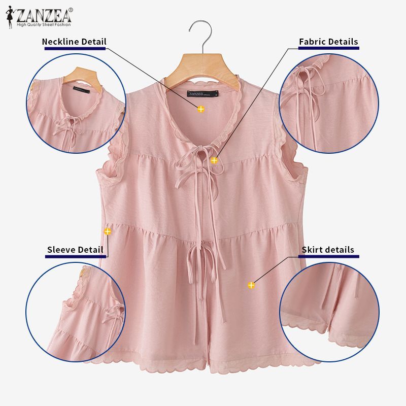 ZANZEA ผู้หญิงเกาหลีหวานอ่อนโยนเก๋ลูกเรือคอ Double Tie-Up แขนกุดขอบลูกไม้ A-Line Tanks — صورة 7