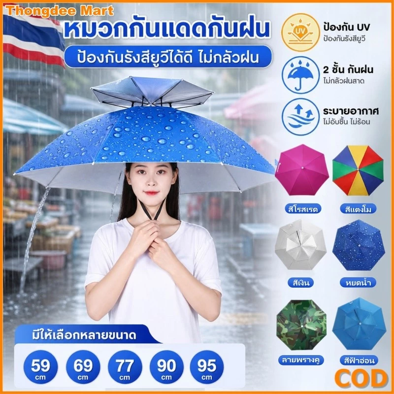 หมวกร่มตกปลา หมวกร่ม 2 ชั้น ขนาด 52/69/77/95 ซม. กันแดด กันฝน ป้องกันรังสียูวี 100% สำหรับตกปลา ทำไร่ ทำสวน พร้อมส่ง