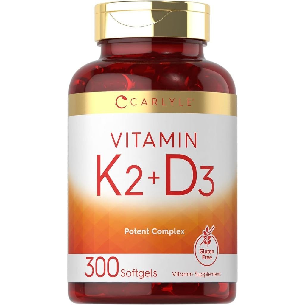 Carlyle วิตามิน K2 D3 อาหารเสริม | แคปซูลนิ่ม 300 แคปซูล | 200mcg K2 MK7 และ 1,0000 IU D3 | ปราศจากก