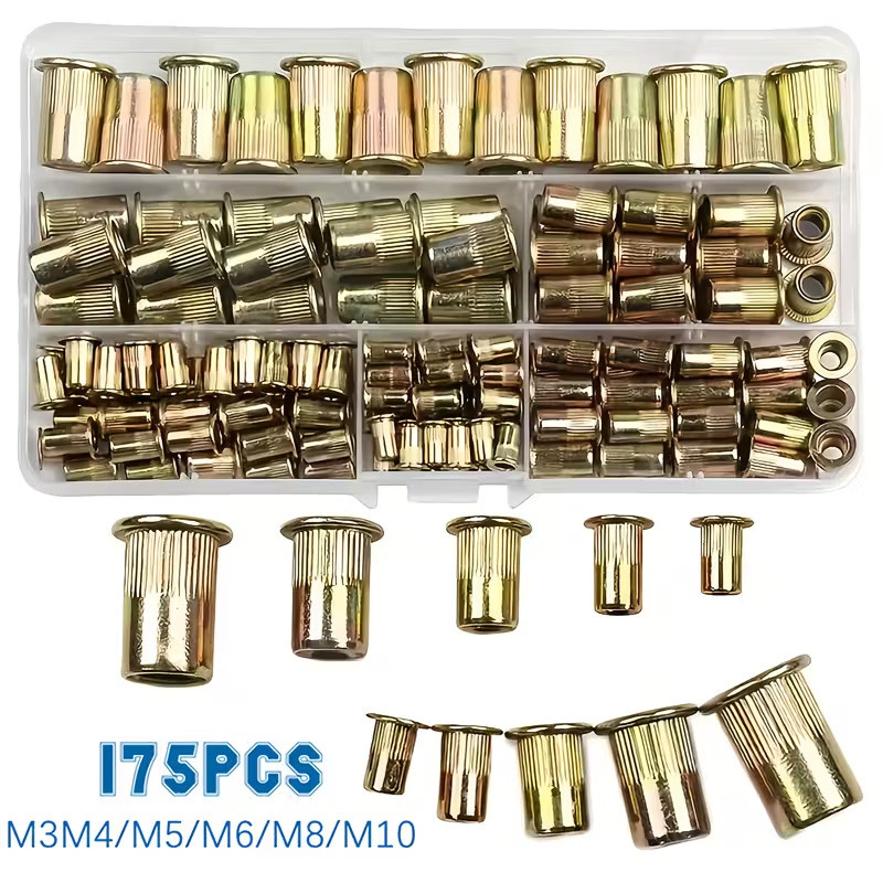 175 ชิ้น Rivet Nut กล่องเหล็กคาร์บอนสีสังกะสี Rivet Nut Rivet Nut แบน ชุด WHD6