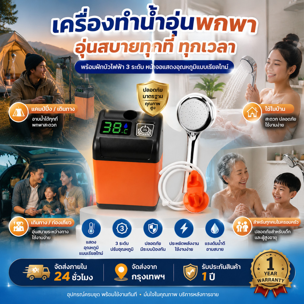 เครื่องทำน้ำอุ่นอัจฉริยะ แสดงอุณหภูมิแบบเรียลไทม์ ปรับน้ำอุ่น 3 ระดับ ปลอดภัยสำหรับเด็กและผู้สูงอายุ