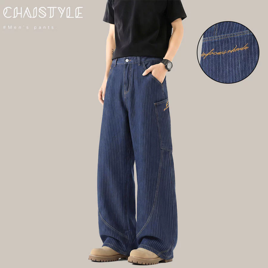 Chaistyle กางเกงขายาว หลวม กางเกงยีนส์ผู้ชาย ลายริ้ว ขากว้าง อินเทรนด์สไตล์เกาหลี ทำให้ดูผอมเพรียว สีฟ้าสีดำ