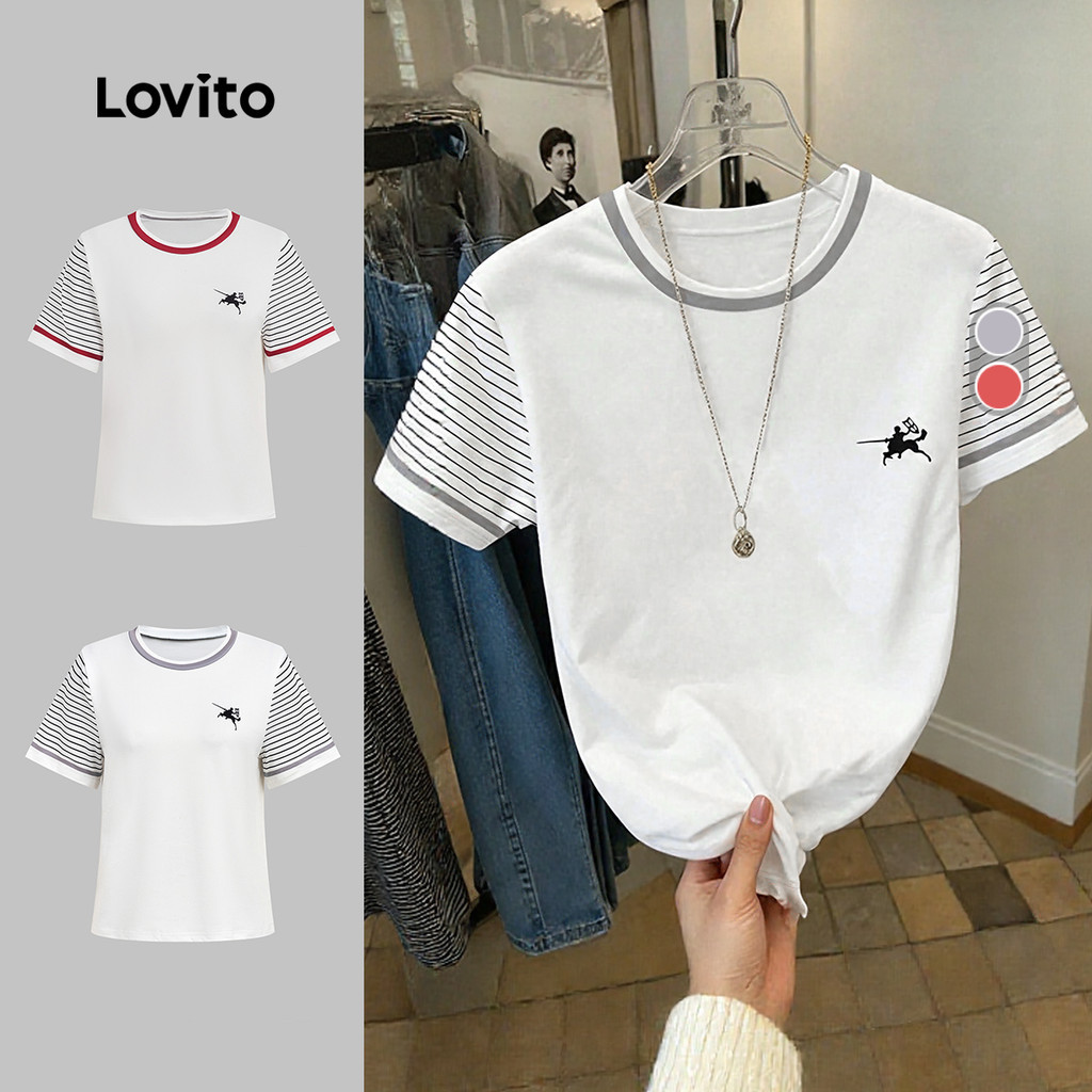 Lovito เสื้อยืดลําลองผู้หญิง แขนสั้น คอวี ทรงหลวม สไตล์สีตัดกัน สําหรับฤดูใบไม้ผลิ/ฤดูร้อน สีขาวงาช้าง L190ED742