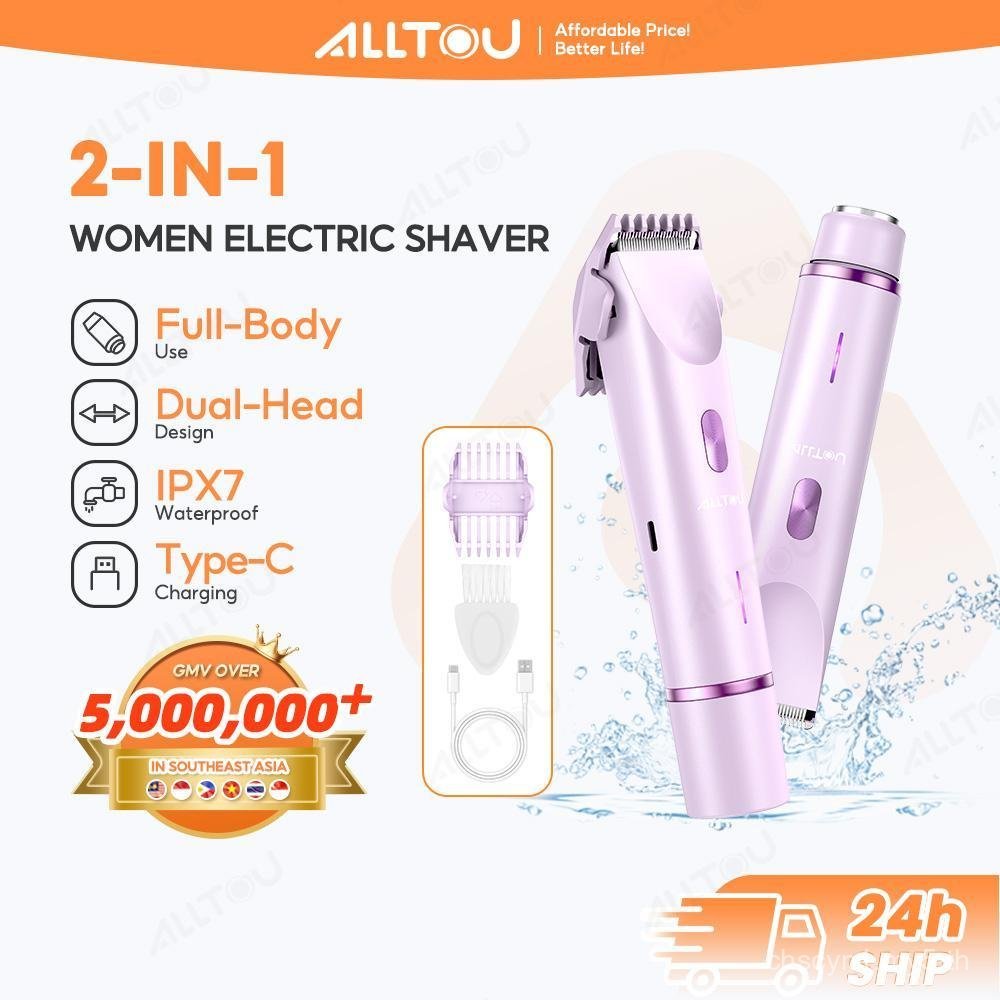 ALLTOU ผู้หญิงเครื่องโกนหนวดไฟฟ้า 2 In 1 บิกินี่ Trimmer IPX7 กันน้ําเซรามิคคู่กําจัดขนไม่เจ็บปวด BF