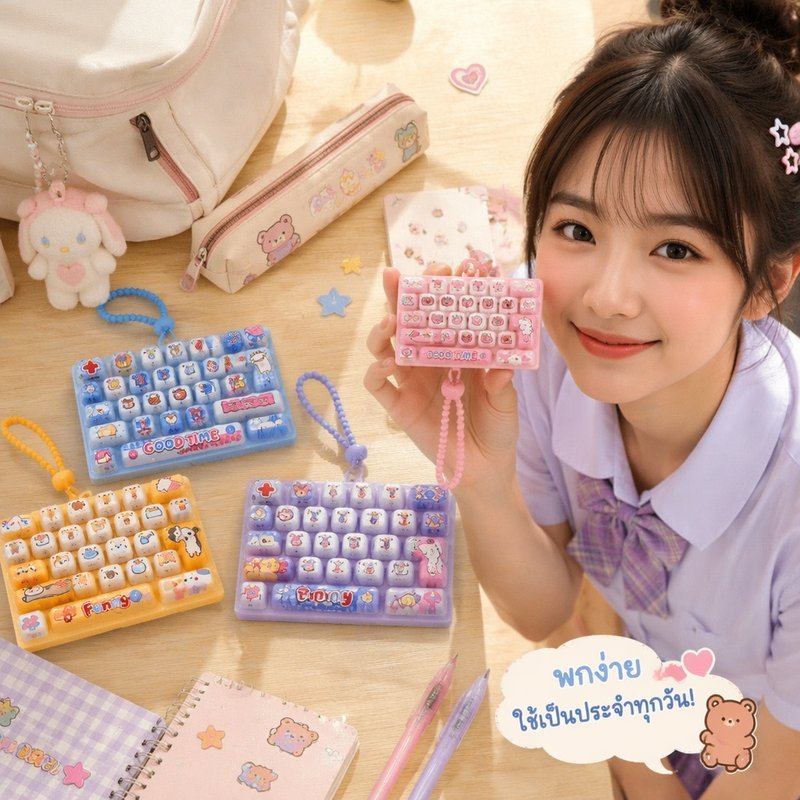 พวงกุญแจคีย์บอร์ดจำลอง 26 ปุ่ม ลายการ์ตูนสไตล์ กดได้จริง ช่วยคลายเครียดระหว่างวัน ห้อยกระเป๋าแล้วน่ารักสะดุดตา
