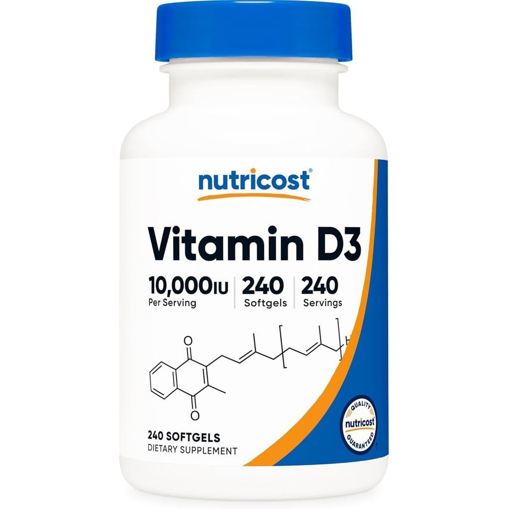 Nutricost D3 10000 IU 240 แคปซูลซอฟเจลที่มีศักยภาพ NonGMO Gluten D