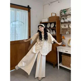 mimi-เซต 2 ชิ้นดทันสมัยสำหรับผู้หญิง สวมใส่สบาย ประกอบด้วยเสื้อเชิ้ตคอกลมลายจุดและกางเกงขายาวขากว้างทรงหลวม#99540+41
