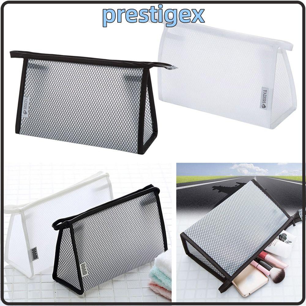 PRESTIGEX Makeup , กระเป๋าเครื่องสําอางตาข่าย EVA สีดํา/สีขาว, ซิปกันน้ํา Travel Toiletry Organizer 