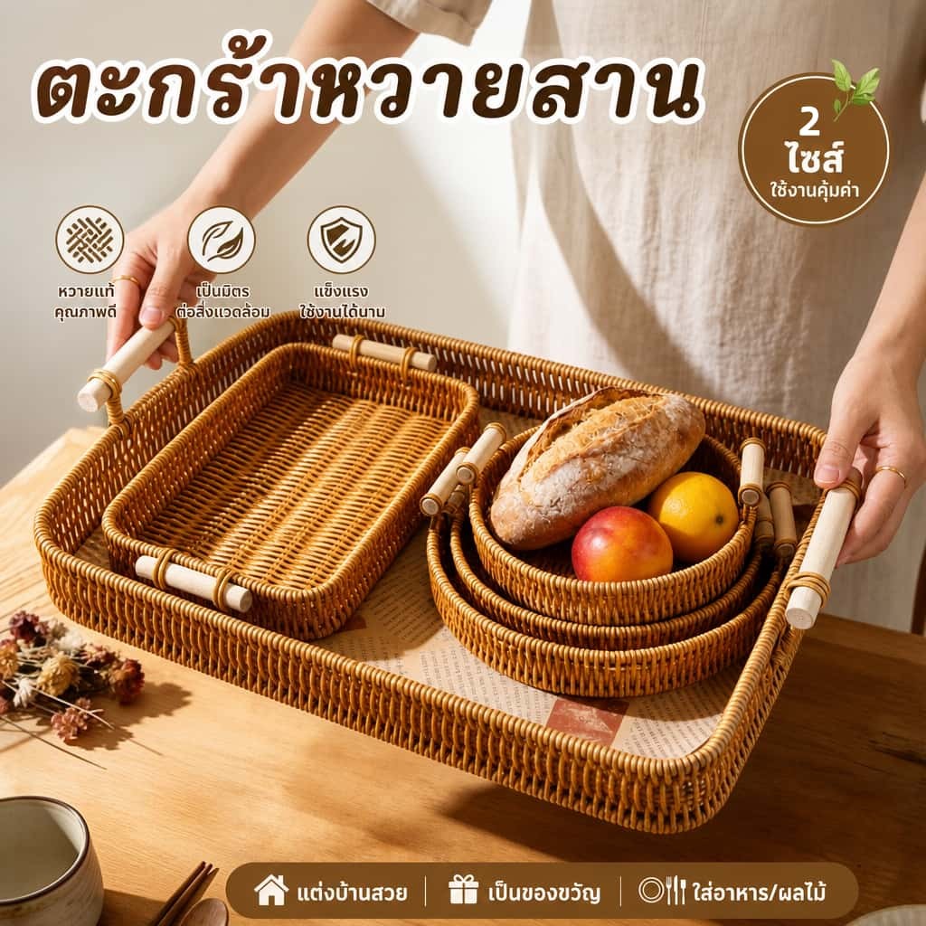 ถาดหวายสานมีหูจับ ทรงกลม สี่เหลี่ยม ใส่ขนมขนมปัง ส่งในไทย
