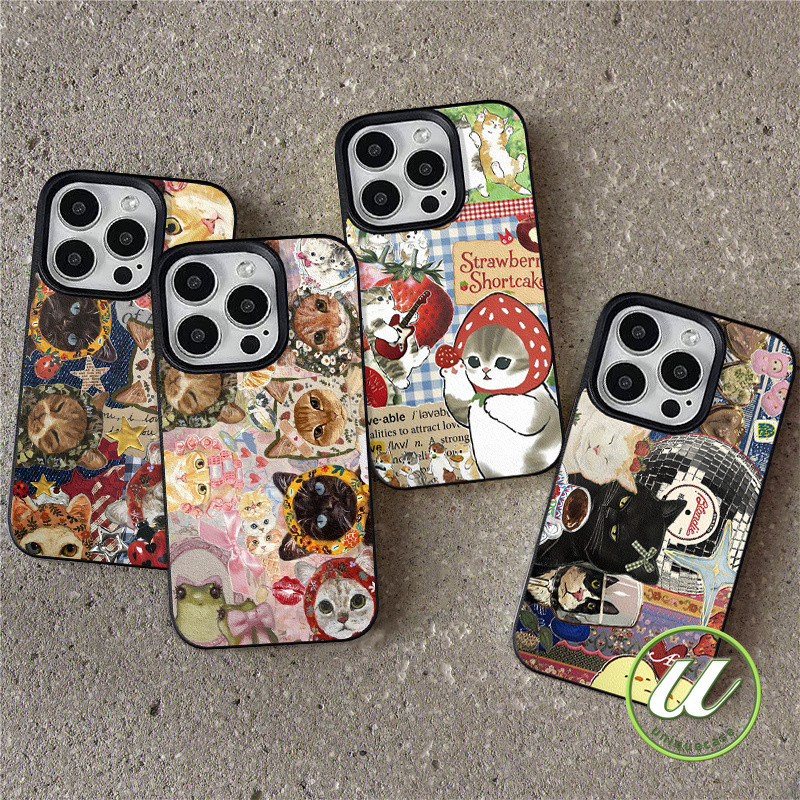 น่ารักนามธรรมลูกแมวหนังสีดำกรณีโทรศัพท์ เคสไอโฟน IPhone 17 12 14 11 16 13 15 Pro Max Air XS Max XR X15 16 Plus
