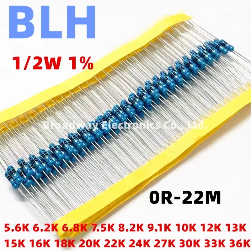 100PCS 1/2W 1% โลหะฟิล์ม Resistor 0.5W 5.6K 6.2K 6.8K 7.5K 8.2K 9.1K 10K 12K 13K 15K 16K 18K 20K 22K