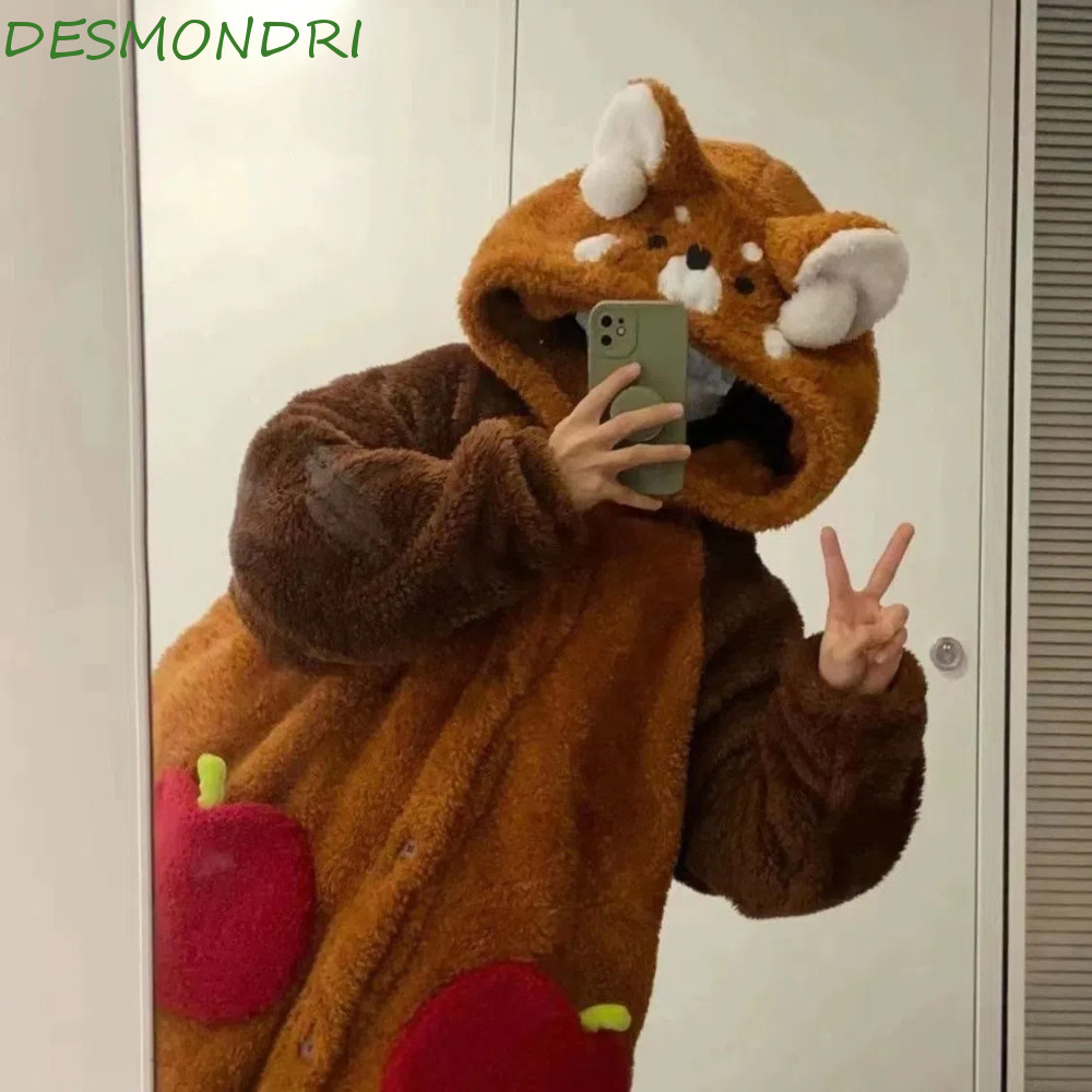 DESMNDRI หมีการ์ตูนชุดนอน, Flannel Plush ชุดนอน Raccoon Robes Sleepsuit, ตลก Warm Homewear Kawaii Hooded Nightgowns