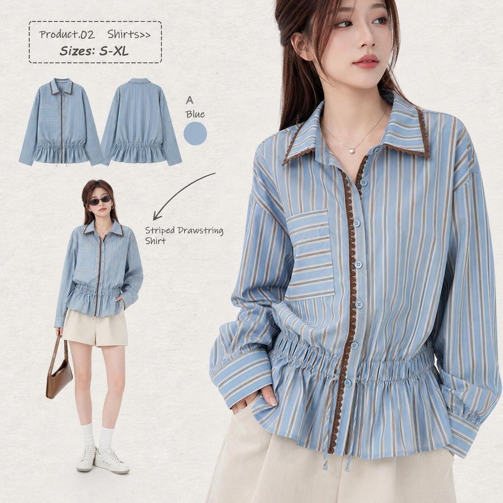Chili Koko เสื้อเชิ้ตแขนยาวลายทาง ผู้หญิง ผ้าคอตตอนบางเบา กันแดด ทรงหลวมใส่สบาย ระบายอากาศ สไตล์เกาหลีวินเทจ 99557