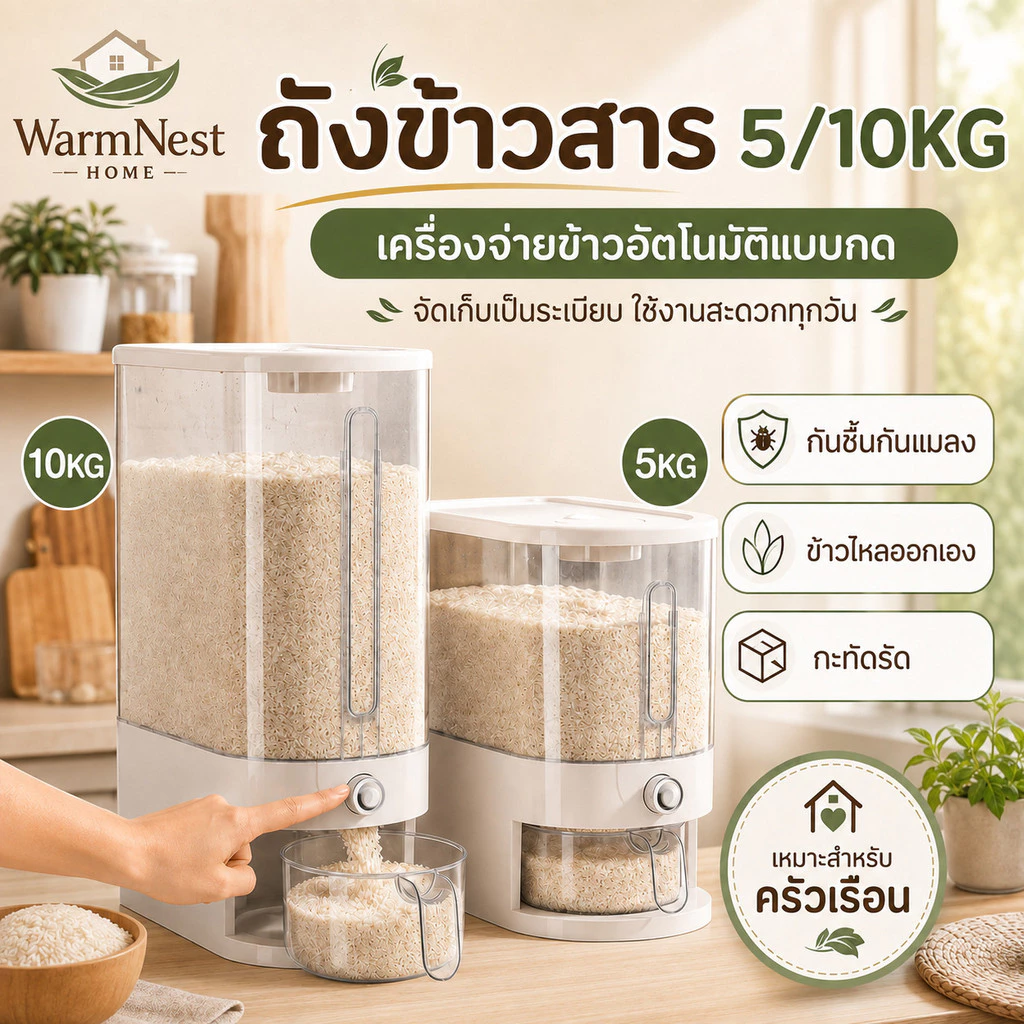 ถังข้าวสาร 5/10KG กันชื้นกันแมลง เครื่องจ่ายข้าวอัตโนมัติแบบกด ข้าวไหลออกเอง ถังเก็บข้าวกะทัดรัด สำหรับครัวเรือน