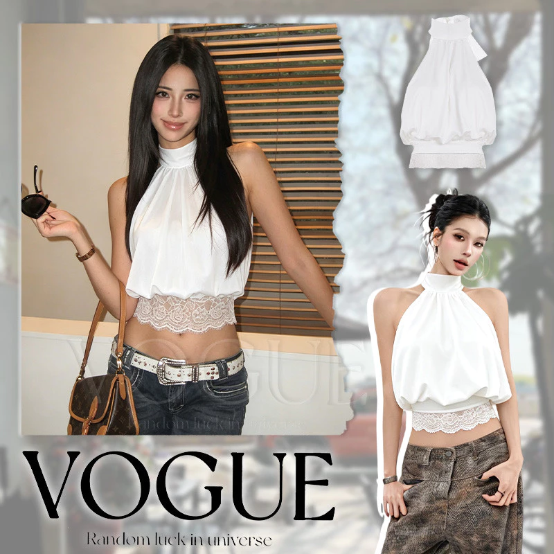 Vogue🌟พร้อมส่ง🌟 เสื้อคล้องคอแบบผูก ดีไซน์ชายเสื้อลายลูกไม้ ทรงครอปเปิดหลังเซ็กซี่ (FY5231)