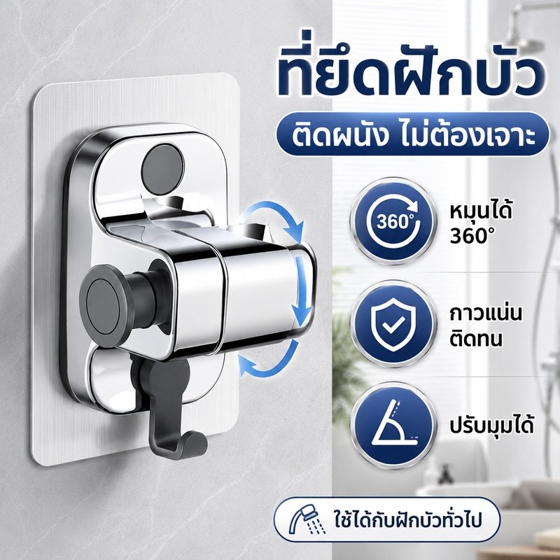 ที่แขวนฝักบัวติดผนัง หมุนได้ 360° ไม่ต้องเจาะ ใช้กาวนาโน ติดตั้งง่าย แข็งแรง รับน้ำหนักได้ดี
