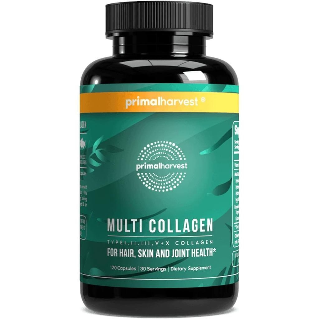 Primal Harvest Multi Collagen Pills for Women Men (Type I, II, III, V,) 120 แคปซูล w/วิตามินซีสําหรั
