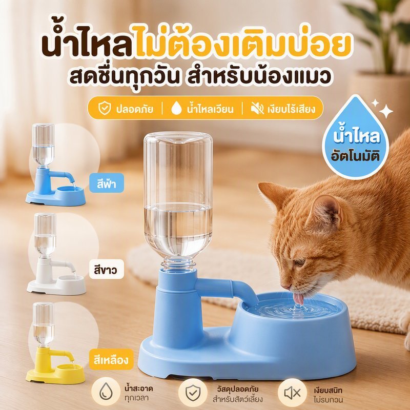 เครื่องให้น้ำแมวอัตโนมัติ ความจุใหญ่ เติมน้ำอัตโนมัติ เข้ากับขวดน้ำแร่ 500ML ฐานกันลื่นแบบดูด