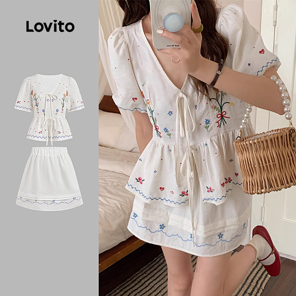Lovito วันหยุด ชุดกระโปรงระบายเก๋ไก๋ ทรงเข้ารูป สปริง/ซัมเมอร์ สำหรับผู้หญิง L142LD701